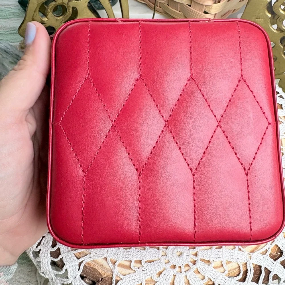 WOLF Red Square Jewelry Case Travel Organizer Quilted Tassel Leather